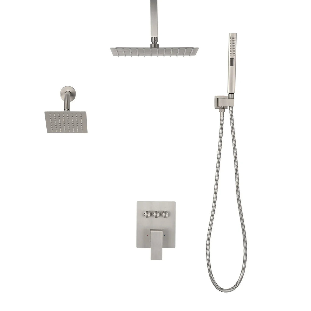 VEVOR Shower Faucet Set, 10 Inch Ceiling Mount Rainfall Shower System with 6 Inch Wall Mount Head and 2 in 1 Handheld Spray, Rotatable 3-Function Dual Rain Head Brass Valve & Trim Kit, Brushed Nickel - View 9