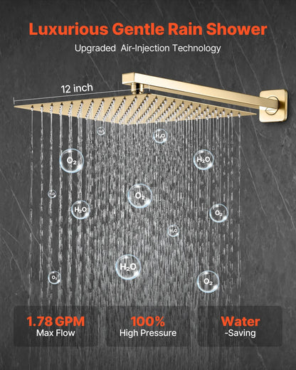 VEVOR Shower Faucet Set, Rainfall Bathroom Shower System with 12-Inch Square Rain Shower Head and Handheld Spray, Wall Mounted Bath Fixtures with Brass Valve and Trim Kit, Brushed Gold - View 2