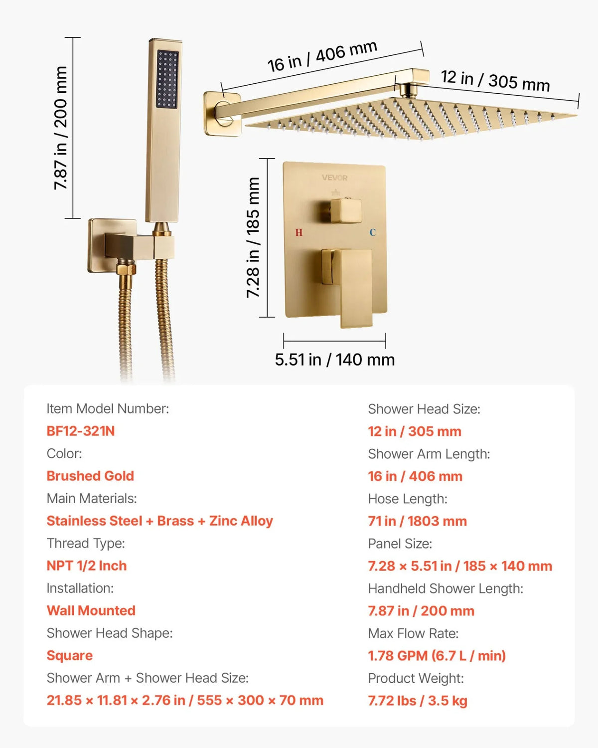 VEVOR Shower Faucet Set, Rainfall Bathroom Shower System with 12-Inch Square Rain Shower Head and Handheld Spray, Wall Mounted Bath Fixtures with Brass Valve and Trim Kit, Brushed Gold - View 7