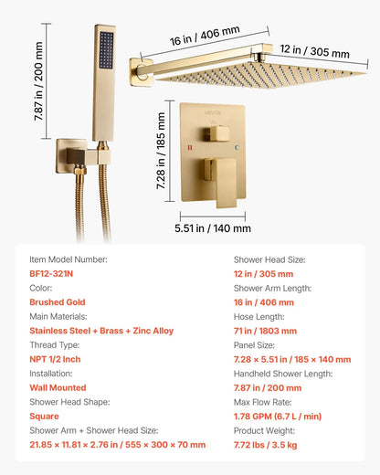 VEVOR Shower Faucet Set, Rainfall Bathroom Shower System with 12-Inch Square Rain Shower Head and Handheld Spray, Wall Mounted Bath Fixtures with Brass Valve and Trim Kit, Brushed Gold - View 7
