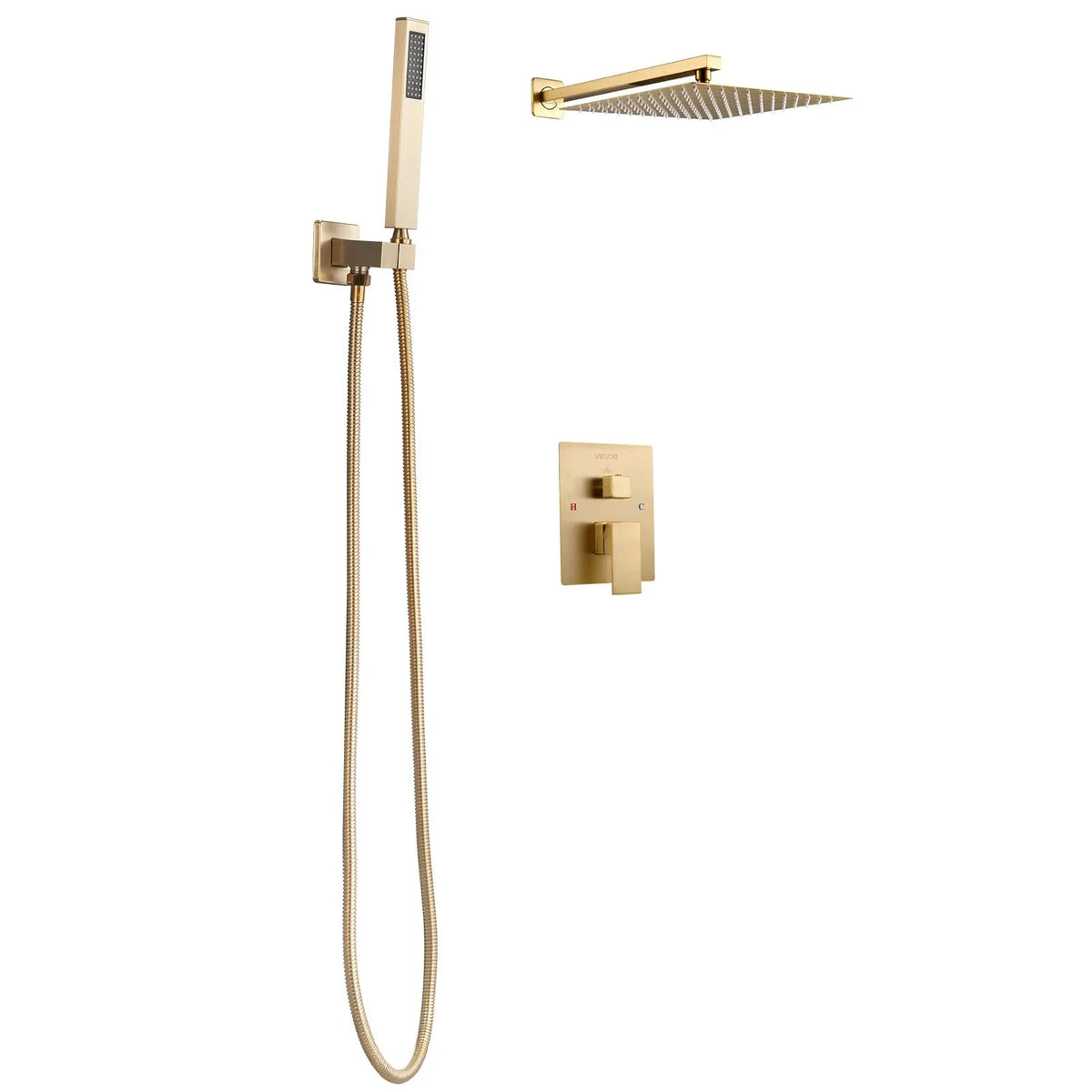 VEVOR Shower Faucet Set, Rainfall Bathroom Shower System with 12-Inch Square Rain Shower Head and Handheld Spray, Wall Mounted Bath Fixtures with Brass Valve and Trim Kit, Brushed Gold - View 9