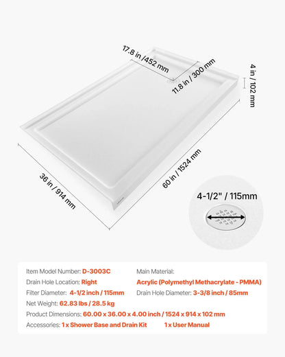 VEVOR Shower Pan, 60″ L x 36″ W Single Threshold Shower Base, Rectangle Acrylic & PVC Showering Base in White, Slip-Resistant Showering Pan Bases with Drain & Cover for Bathroom, Right Drain Location - View 6
