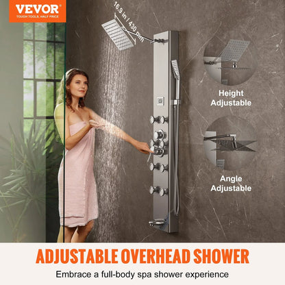 VEVOR Shower Panel System, 5 Shower Modes, Digital Display Shower Panel Tower, Rainfall, 8 Massage Jets, Tub Spout, 3-Setting Handheld Shower Head 59" Hose, Stainless Steel Wall-Mounted Shower Set - View 2