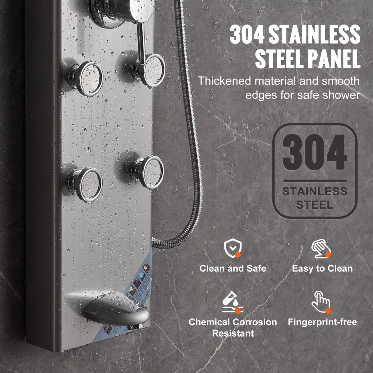 VEVOR Shower Panel System, 5 Shower Modes, Digital Display Shower Panel Tower, Rainfall, 8 Massage Jets, Tub Spout, 3-Setting Handheld Shower Head 59" Hose, Stainless Steel Wall-Mounted Shower Set - View 6