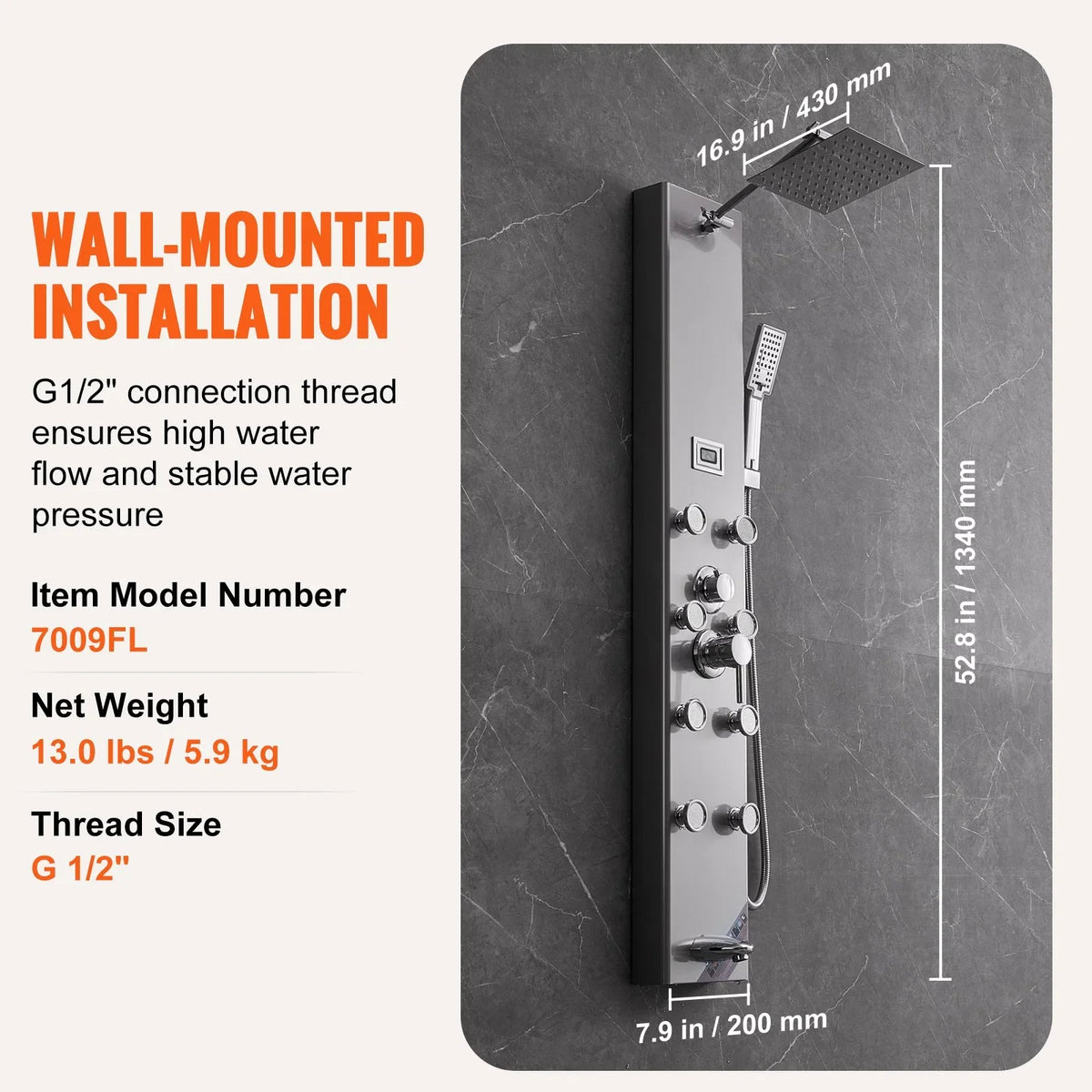 VEVOR Shower Panel System, 5 Shower Modes, Digital Display Shower Panel Tower, Rainfall, 8 Massage Jets, Tub Spout, 3-Setting Handheld Shower Head 59" Hose, Stainless Steel Wall-Mounted Shower Set - View 7