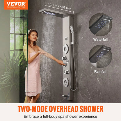 VEVOR Shower Panel System, 6 Shower Modes, LED & Display Shower Panel Tower, Rainfall, Waterfall, 4 Body Massage Jets, Tub Spout, Handheld Shower Head 59" Hose, Stainless Steel Wall-Mounted Shower Set - View 2