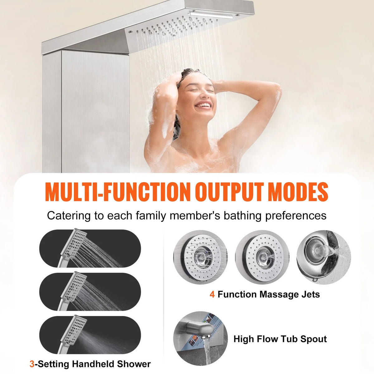 VEVOR Shower Panel System, 6 Shower Modes, LED & Display Shower Panel Tower, Rainfall, Waterfall, 4 Body Massage Jets, Tub Spout, Handheld Shower Head 59" Hose, Stainless Steel Wall-Mounted Shower Set - View 3