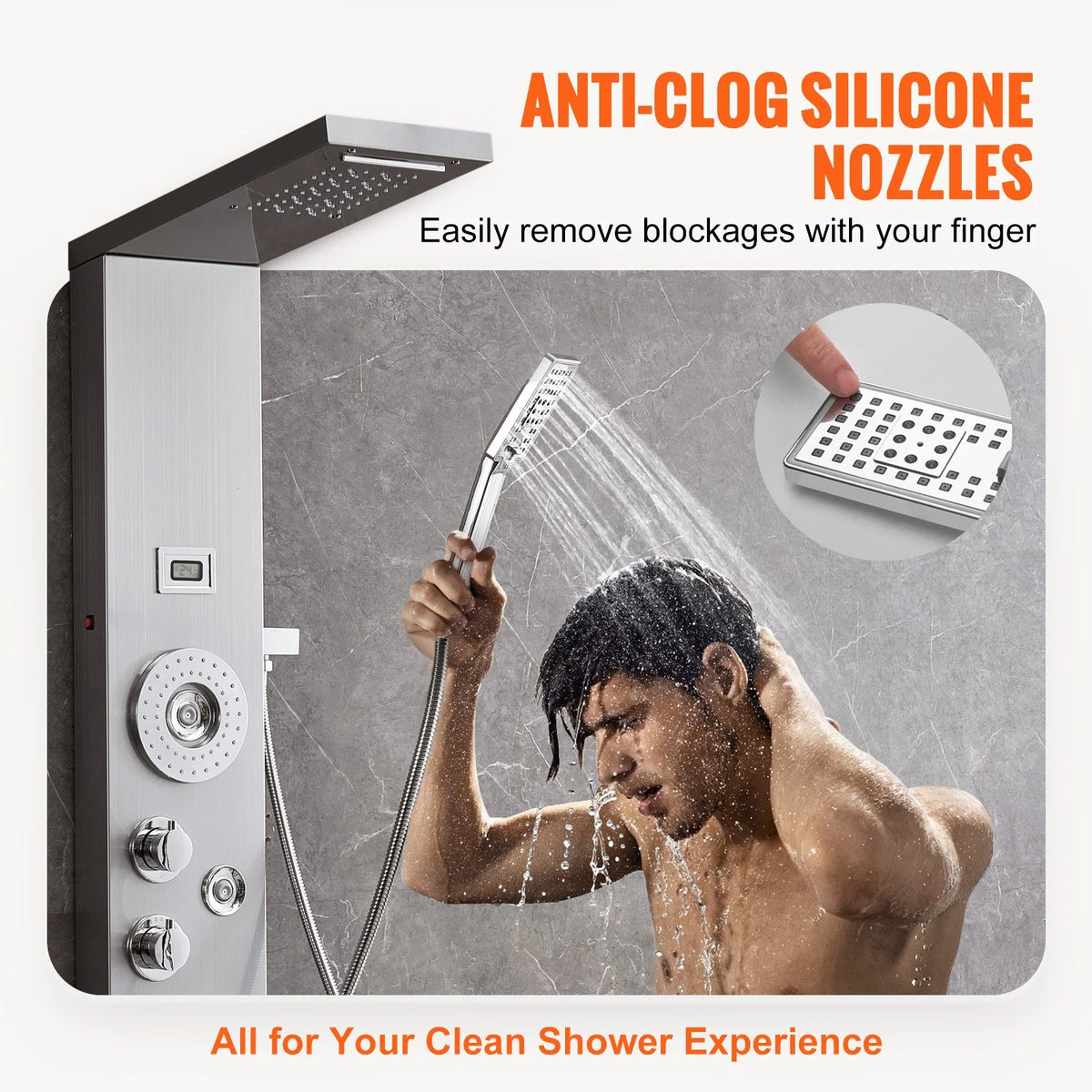 VEVOR Shower Panel System, 6 Shower Modes, LED & Display Shower Panel Tower, Rainfall, Waterfall, 4 Body Massage Jets, Tub Spout, Handheld Shower Head 59" Hose, Stainless Steel Wall-Mounted Shower Set - View 4