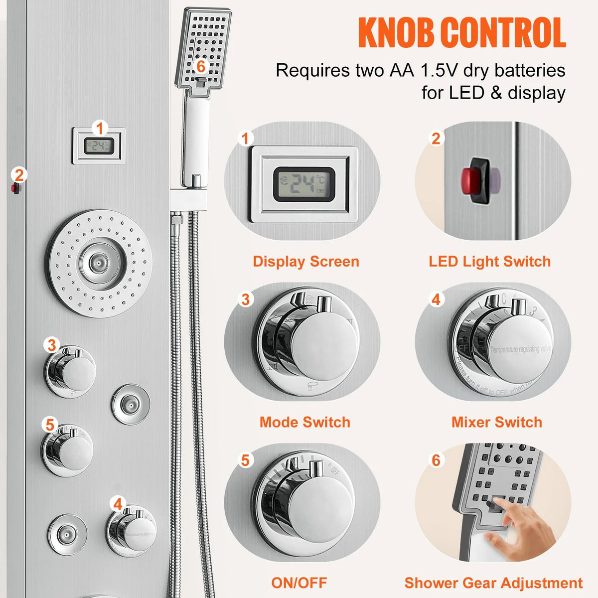 VEVOR Shower Panel System, 6 Shower Modes, LED & Display Shower Panel Tower, Rainfall, Waterfall, 4 Body Massage Jets, Tub Spout, Handheld Shower Head 59" Hose, Stainless Steel Wall-Mounted Shower Set - View 5