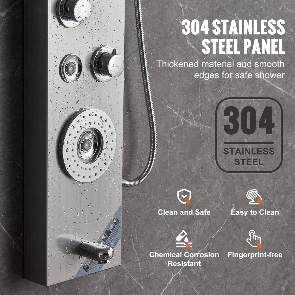 VEVOR Shower Panel System, 6 Shower Modes, LED & Display Shower Panel Tower, Rainfall, Waterfall, 4 Body Massage Jets, Tub Spout, Handheld Shower Head 59" Hose, Stainless Steel Wall-Mounted Shower Set - View 6