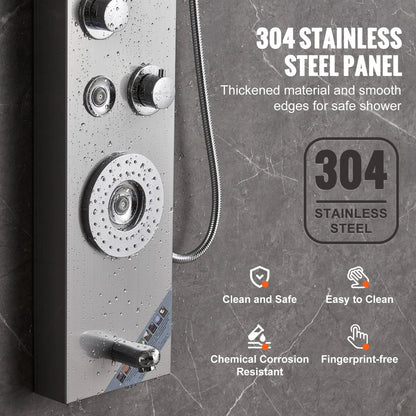 VEVOR Shower Panel System, 6 Shower Modes, LED & Display Shower Panel Tower, Rainfall, Waterfall, 4 Body Massage Jets, Tub Spout, Handheld Shower Head 59" Hose, Stainless Steel Wall-Mounted Shower Set - View 6