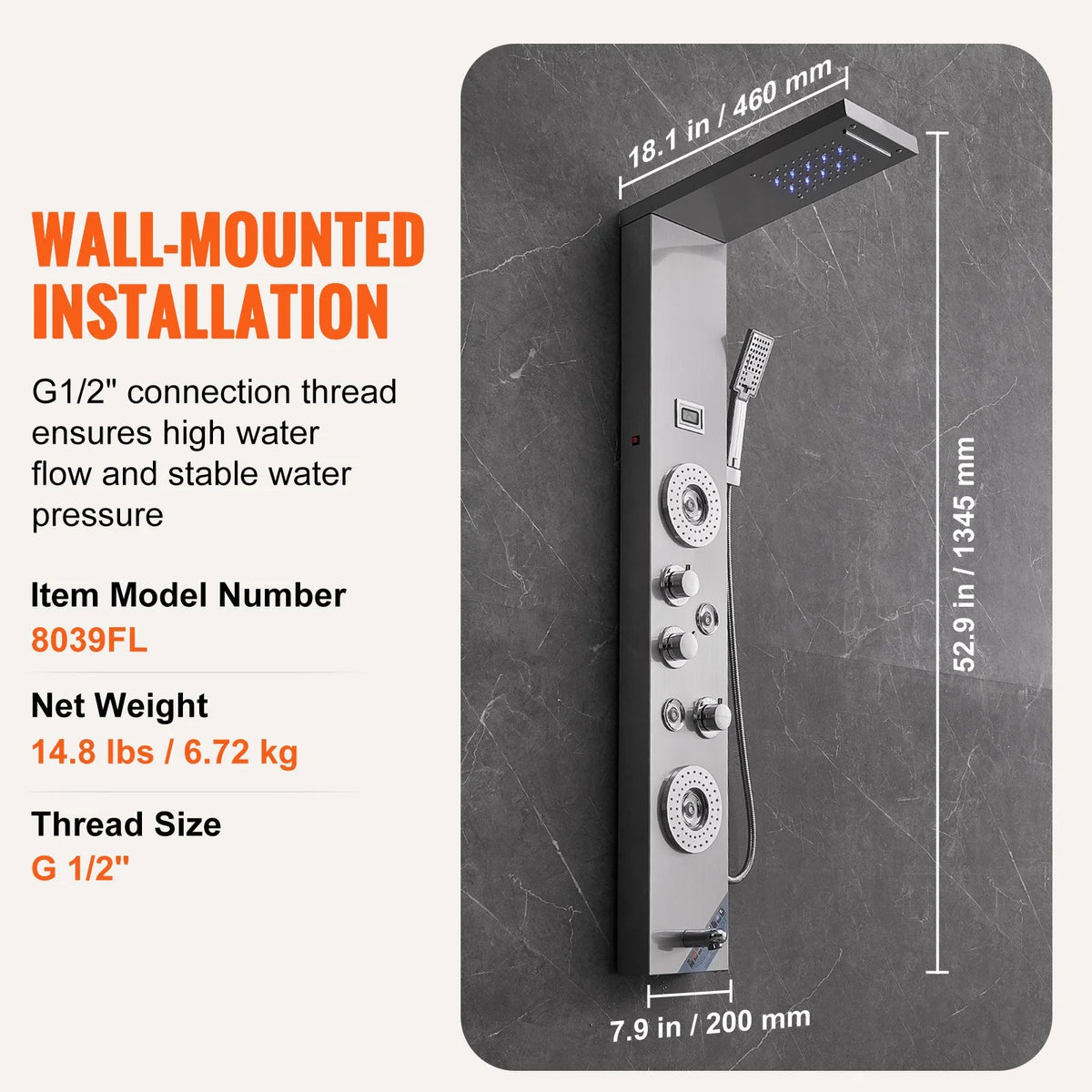 VEVOR Shower Panel System, 6 Shower Modes, LED & Display Shower Panel Tower, Rainfall, Waterfall, 4 Body Massage Jets, Tub Spout, Handheld Shower Head 59" Hose, Stainless Steel Wall-Mounted Shower Set - View 7