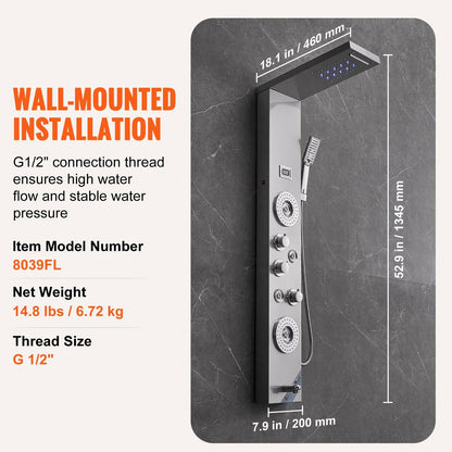VEVOR Shower Panel System, 6 Shower Modes, LED & Display Shower Panel Tower, Rainfall, Waterfall, 4 Body Massage Jets, Tub Spout, Handheld Shower Head 59" Hose, Stainless Steel Wall-Mounted Shower Set - View 7