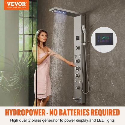 VEVOR Shower Panel System, 6 Shower Modes, LED & Screen Hydroelectricity Shower Panel Tower, Rainfall, Waterfall, 5 Massage Jets, Tub Spout, Handheld Shower, Stainless Steel Wall-Mounted Shower Set - View 2