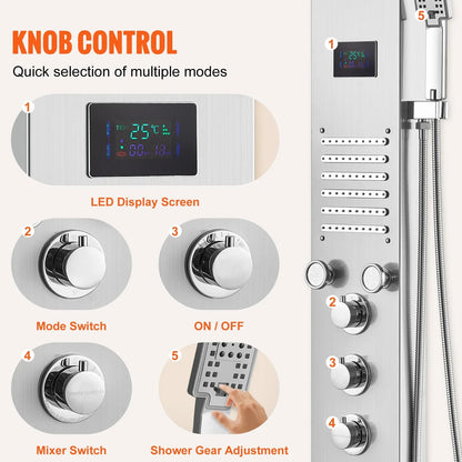 VEVOR Shower Panel System, 6 Shower Modes, LED & Screen Hydroelectricity Shower Panel Tower, Rainfall, Waterfall, 5 Massage Jets, Tub Spout, Handheld Shower, Stainless Steel Wall-Mounted Shower Set - View 3