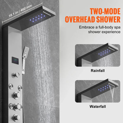 VEVOR Shower Panel System, 6 Shower Modes, LED & Screen Hydroelectricity Shower Panel Tower, Rainfall, Waterfall, 8 Massage Jets, Tub Spout, Handheld Shower, Stainless Steel Wall-Mounted Shower Set - View 3