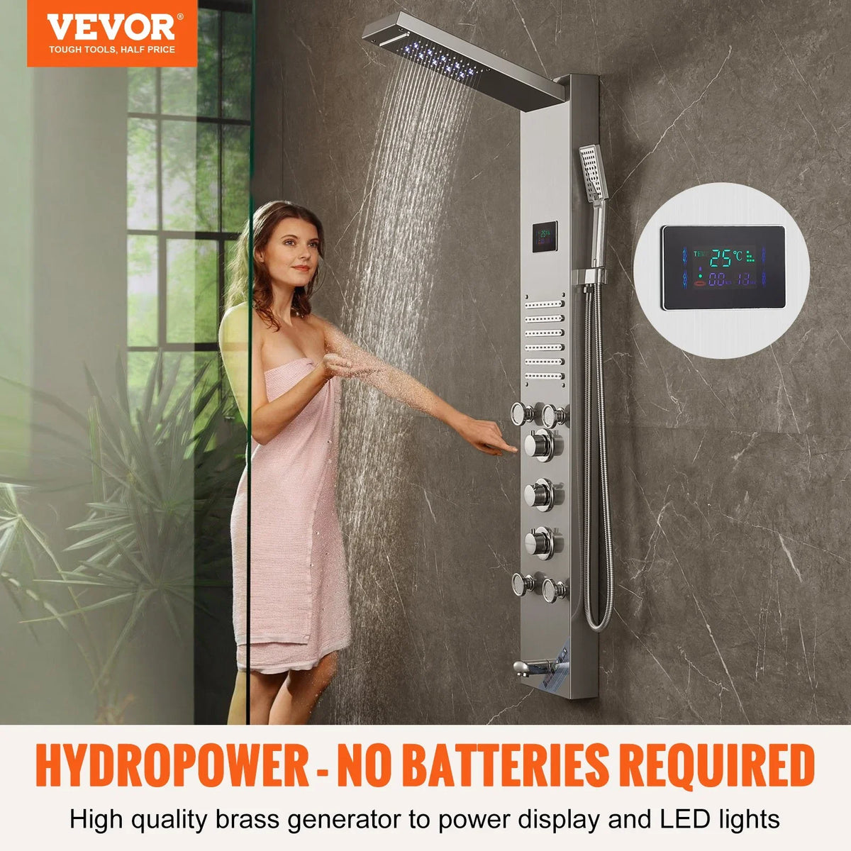 VEVOR Shower Panel System, 6 Shower Modes, LED & Screen Hydroelectricity Shower Panel Tower, Rainfall, Waterfall, 5 Massage Jets, Tub Spout, Handheld Shower, Stainless Steel Wall-Mounted Shower Set - View 4