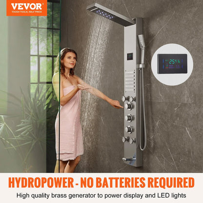 VEVOR Shower Panel System, 6 Shower Modes, LED & Screen Hydroelectricity Shower Panel Tower, Rainfall, Waterfall, 5 Massage Jets, Tub Spout, Handheld Shower, Stainless Steel Wall-Mounted Shower Set - View 4