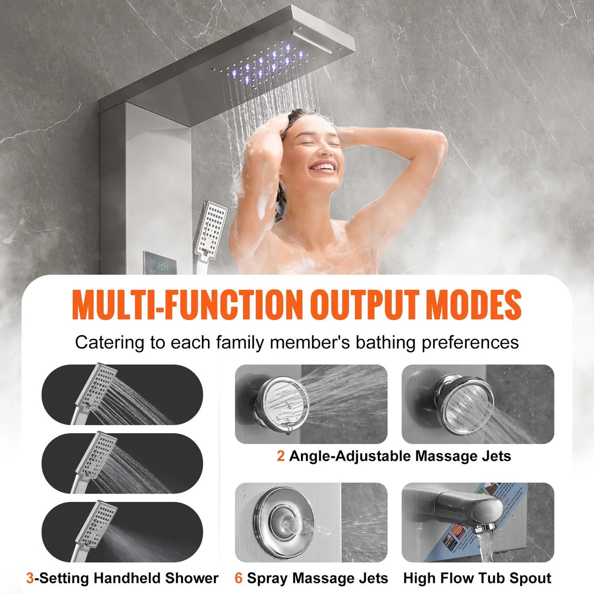 VEVOR Shower Panel System, 6 Shower Modes, LED & Screen Hydroelectricity Shower Panel Tower, Rainfall, Waterfall, 8 Massage Jets, Tub Spout, Handheld Shower, Stainless Steel Wall-Mounted Shower Set - View 4