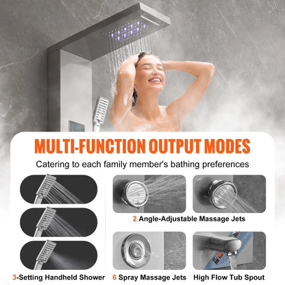 VEVOR Shower Panel System, 6 Shower Modes, LED & Screen Hydroelectricity Shower Panel Tower, Rainfall, Waterfall, 8 Massage Jets, Tub Spout, Handheld Shower, Stainless Steel Wall-Mounted Shower Set - View 4