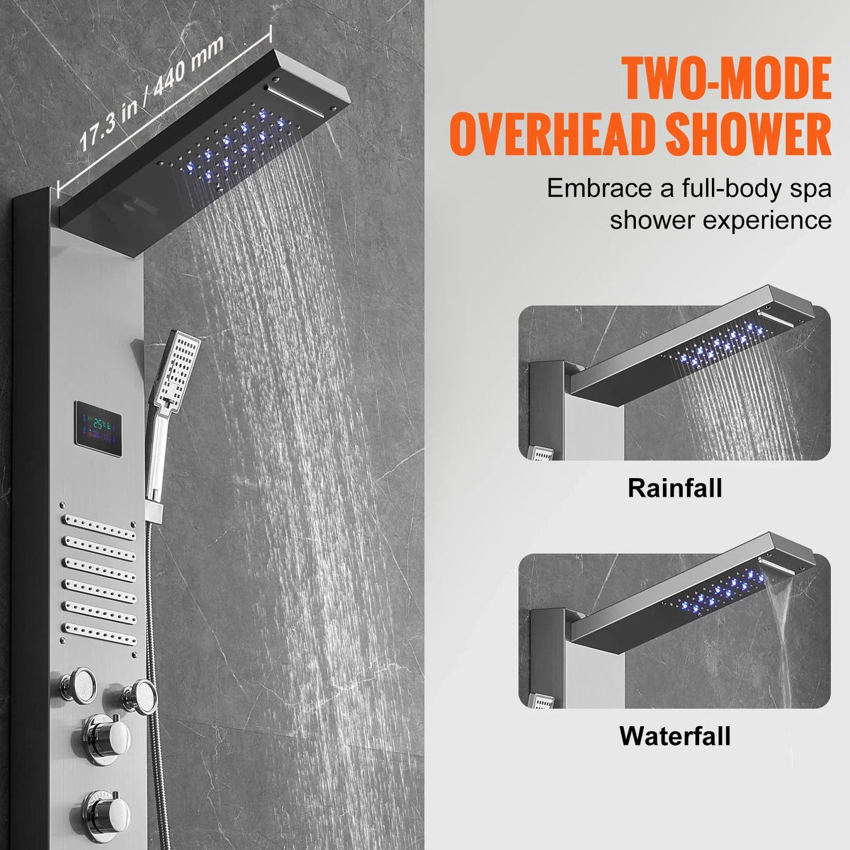 VEVOR Shower Panel System, 6 Shower Modes, LED & Screen Hydroelectricity Shower Panel Tower, Rainfall, Waterfall, 5 Massage Jets, Tub Spout, Handheld Shower, Stainless Steel Wall-Mounted Shower Set - View 5
