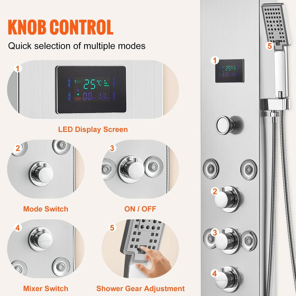 VEVOR Shower Panel System, 6 Shower Modes, LED & Screen Hydroelectricity Shower Panel Tower, Rainfall, Waterfall, 8 Massage Jets, Tub Spout, Handheld Shower, Stainless Steel Wall-Mounted Shower Set - View 5