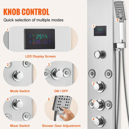 VEVOR Shower Panel System, 6 Shower Modes, LED & Screen Hydroelectricity Shower Panel Tower, Rainfall, Waterfall, 8 Massage Jets, Tub Spout, Handheld Shower, Stainless Steel Wall-Mounted Shower Set - View 5