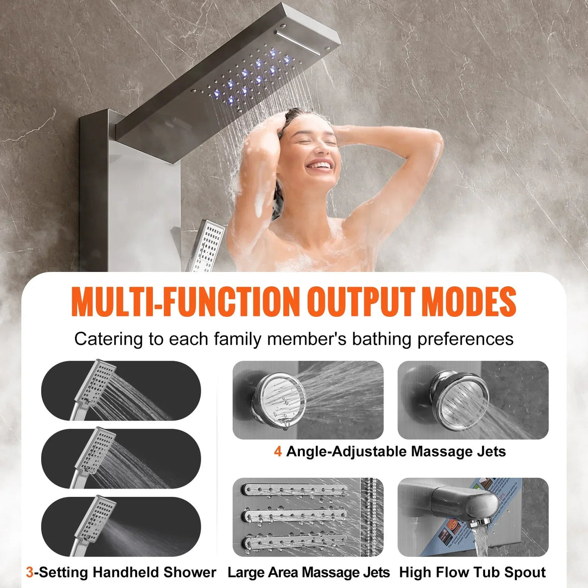 VEVOR Shower Panel System, 6 Shower Modes, LED & Screen Hydroelectricity Shower Panel Tower, Rainfall, Waterfall, 5 Massage Jets, Tub Spout, Handheld Shower, Stainless Steel Wall-Mounted Shower Set - View 6