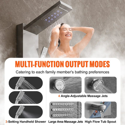 VEVOR Shower Panel System, 6 Shower Modes, LED & Screen Hydroelectricity Shower Panel Tower, Rainfall, Waterfall, 5 Massage Jets, Tub Spout, Handheld Shower, Stainless Steel Wall-Mounted Shower Set - View 6