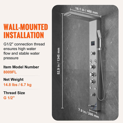 VEVOR Shower Panel System, 6 Shower Modes, LED & Screen Hydroelectricity Shower Panel Tower, Rainfall, Waterfall, 8 Massage Jets, Tub Spout, Handheld Shower, Stainless Steel Wall-Mounted Shower Set - View 7