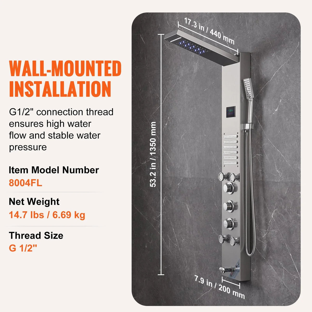 VEVOR Shower Panel System, 6 Shower Modes, LED & Screen Hydroelectricity Shower Panel Tower, Rainfall, Waterfall, 5 Massage Jets, Tub Spout, Handheld Shower, Stainless Steel Wall-Mounted Shower Set - View 8
