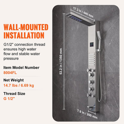 VEVOR Shower Panel System, 6 Shower Modes, LED & Screen Hydroelectricity Shower Panel Tower, Rainfall, Waterfall, 5 Massage Jets, Tub Spout, Handheld Shower, Stainless Steel Wall-Mounted Shower Set - View 8