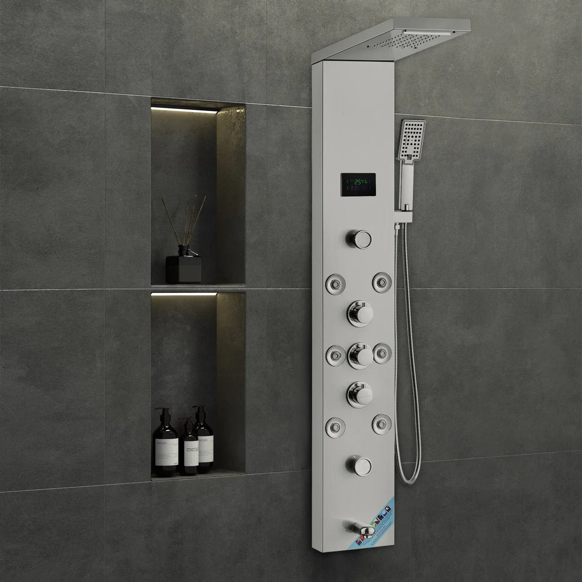 VEVOR Shower Panel System, 6 Shower Modes, LED & Screen Hydroelectricity Shower Panel Tower, Rainfall, Waterfall, 8 Massage Jets, Tub Spout, Handheld Shower, Stainless Steel Wall-Mounted Shower Set - View 8