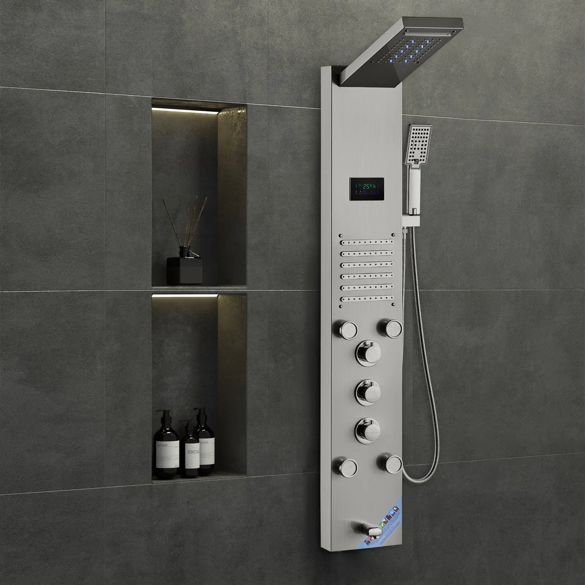 VEVOR Shower Panel System, 6 Shower Modes, LED & Screen Hydroelectricity Shower Panel Tower, Rainfall, Waterfall, 5 Massage Jets, Tub Spout, Handheld Shower, Stainless Steel Wall-Mounted Shower Set - View 9