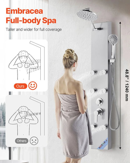 VEVOR Shower Panel Tower System with Rainfall Shower Head, 49 in Brushed Stainless Steel Shower Column, 3-Function Faucet, High Pressure Wall-Mount Rain Massage System with 6 Body Jets and Handheld - View 10