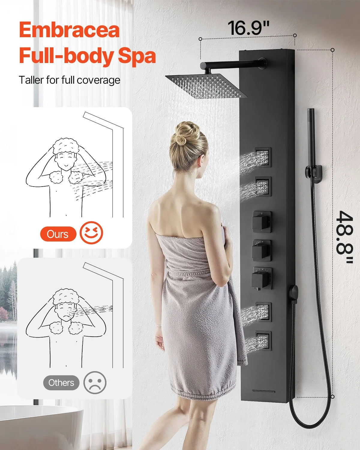 VEVOR Shower Panel Tower System with Rainfall Shower Head, 49 in Brushed Stainless Steel Shower Column, 4-Function Faucet, Wall-Mount Rain Massage System, with 4 Body Jets,  Handheld, and Tub Spout - View 2
