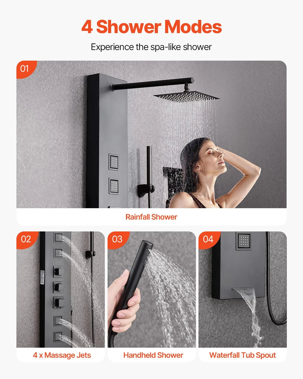VEVOR Shower Panel Tower System with Rainfall Shower Head, 49 in Brushed Stainless Steel Shower Column, 4-Function Faucet, Wall-Mount Rain Massage System, with 4 Body Jets,  Handheld, and Tub Spout - View 3