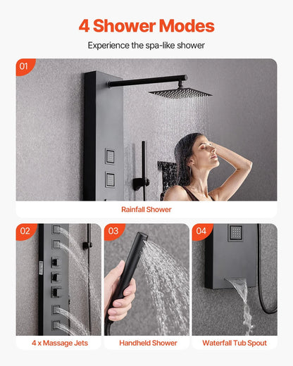 VEVOR Shower Panel Tower System with Rainfall Shower Head, 49 in Brushed Stainless Steel Shower Column, 4-Function Faucet, Wall-Mount Rain Massage System, with 4 Body Jets,  Handheld, and Tub Spout - View 3