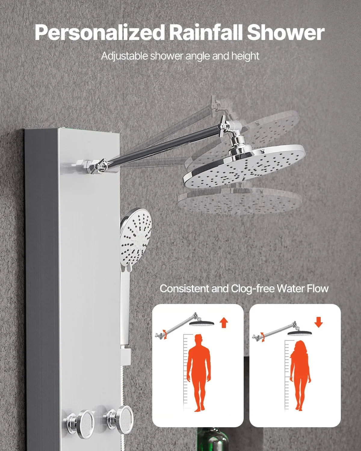 VEVOR Shower Panel Tower System with Rainfall Shower Head, 49 in Brushed Stainless Steel Shower Column, 3-Function Faucet, High Pressure Wall-Mount Rain Massage System with 6 Body Jets and Handheld - View 3