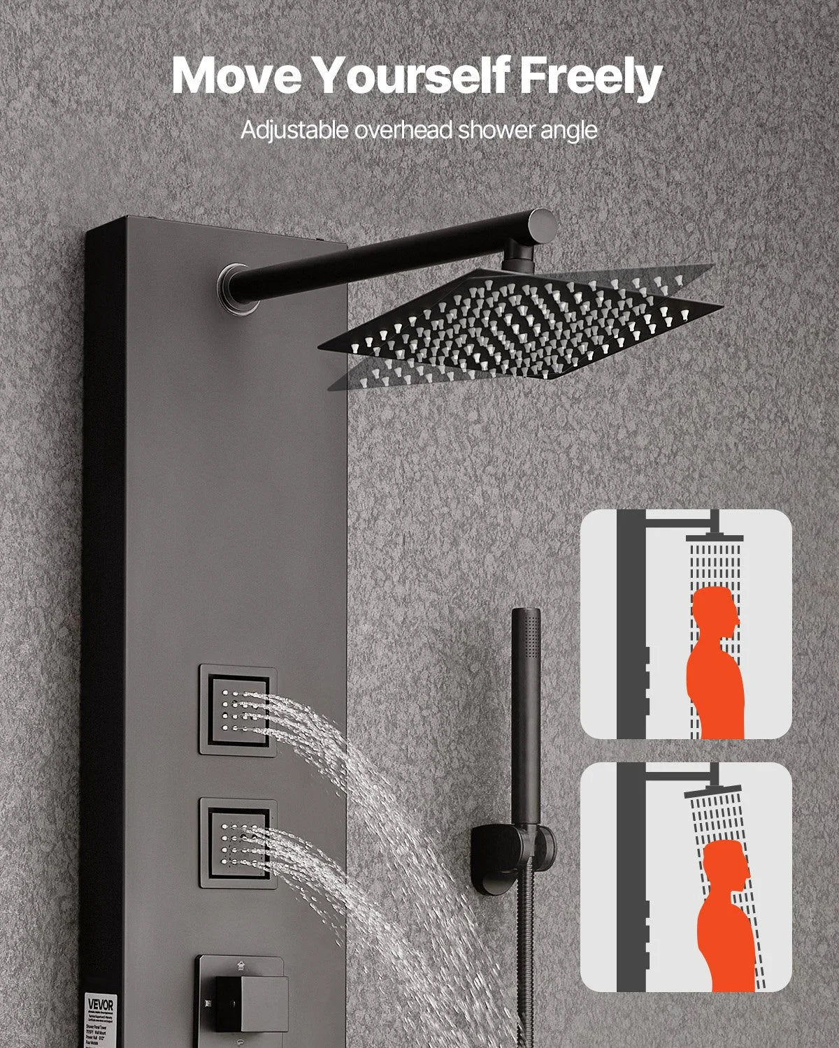 VEVOR Shower Panel Tower System with Rainfall Shower Head, 49 in Brushed Stainless Steel Shower Column, 4-Function Faucet, Wall-Mount Rain Massage System, with 4 Body Jets,  Handheld, and Tub Spout - View 5