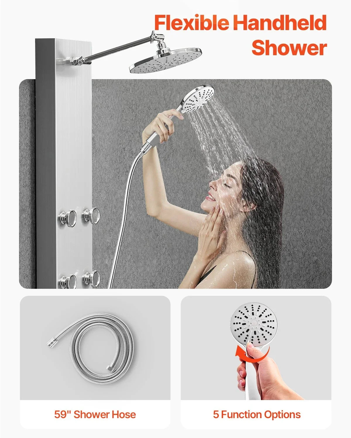 VEVOR Shower Panel Tower System with Rainfall Shower Head, 49 in Brushed Stainless Steel Shower Column, 3-Function Faucet, High Pressure Wall-Mount Rain Massage System with 6 Body Jets and Handheld - View 4