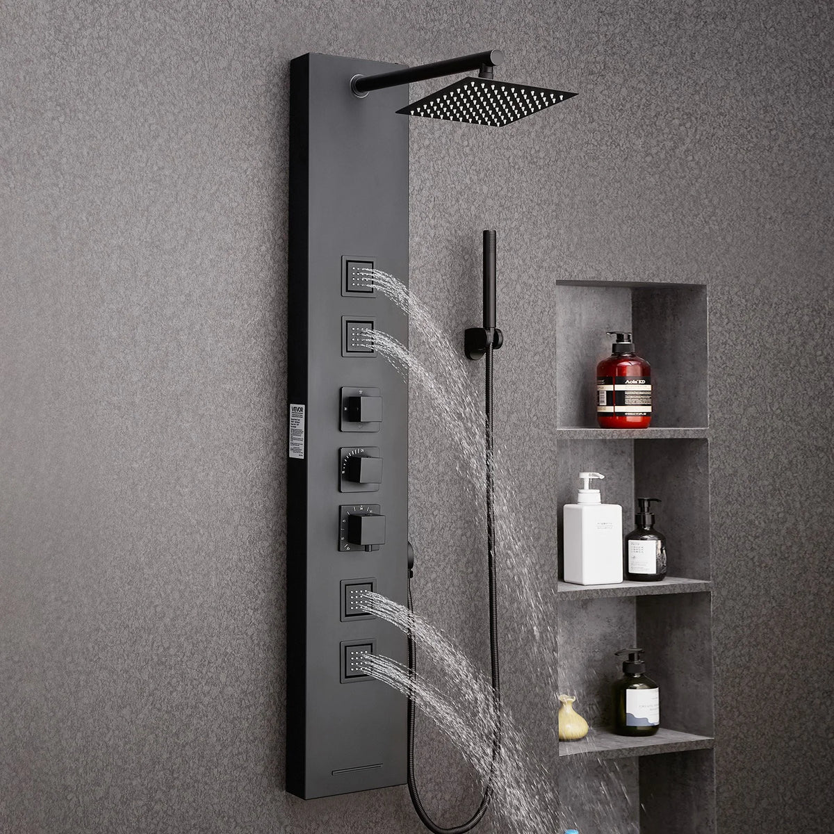 VEVOR Shower Panel Tower System with Rainfall Shower Head, 49 in Brushed Stainless Steel Shower Column, 4-Function Faucet, Wall-Mount Rain Massage System, with 4 Body Jets,  Handheld, and Tub Spout - View 8
