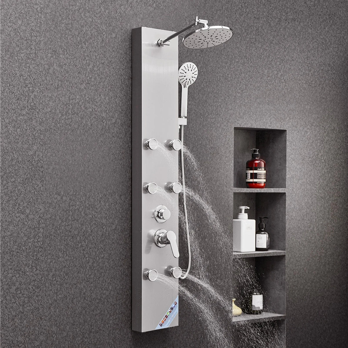 VEVOR Shower Panel Tower System with Rainfall Shower Head, 49 in Brushed Stainless Steel Shower Column, 3-Function Faucet, High Pressure Wall-Mount Rain Massage System with 6 Body Jets and Handheld - View 7