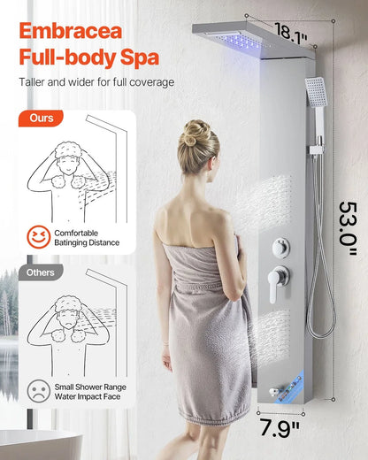 VEVOR Shower Panel Tower System with Rainfall Waterfall Shower Head, LED, 53 in Brushed Stainless Steel Shower Column, 5-Function Faucet, Wall-Mount Rain Massage System, with Handheld, Tub Spout - View 2
