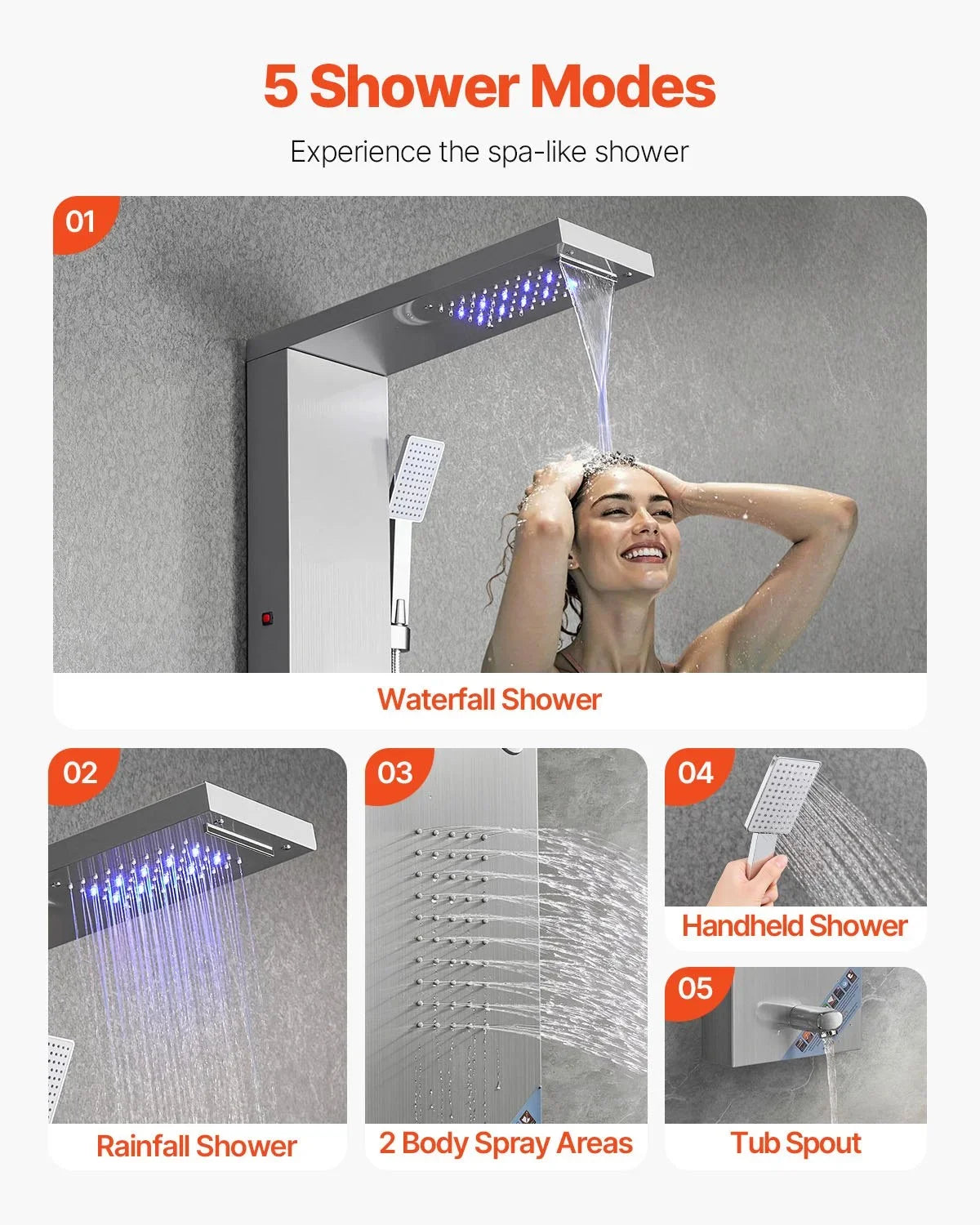 VEVOR Shower Panel Tower System with Rainfall Waterfall Shower Head, LED, 53 in Brushed Stainless Steel Shower Column, 5-Function Faucet, Wall-Mount Rain Massage System, with Handheld, Tub Spout - View 3