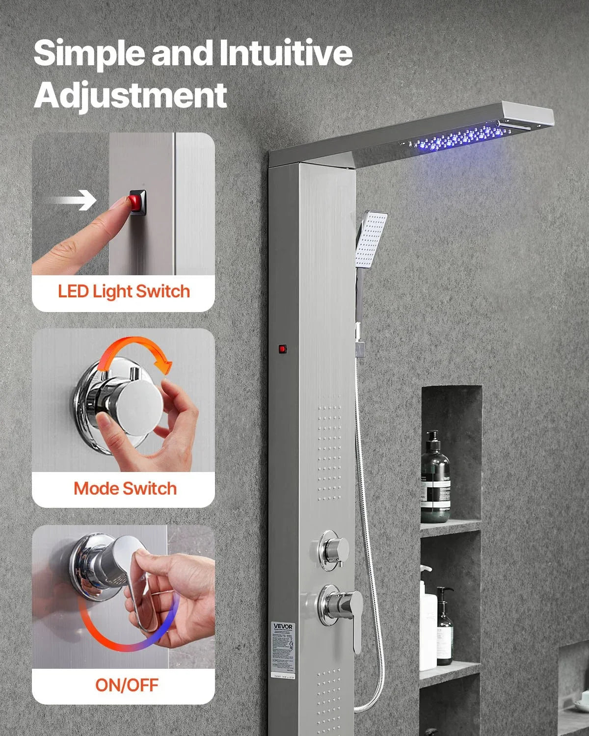 VEVOR Shower Panel Tower System with Rainfall Waterfall Shower Head, LED, 53 in Brushed Stainless Steel Shower Column, 5-Function Faucet, Wall-Mount Rain Massage System, with Handheld, Tub Spout - View 6