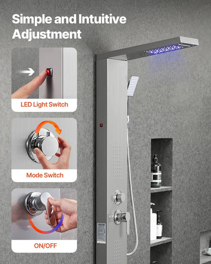 VEVOR Shower Panel Tower System with Rainfall Waterfall Shower Head, LED, 53 in Brushed Stainless Steel Shower Column, 5-Function Faucet, Wall-Mount Rain Massage System, with Handheld, Tub Spout - View 6
