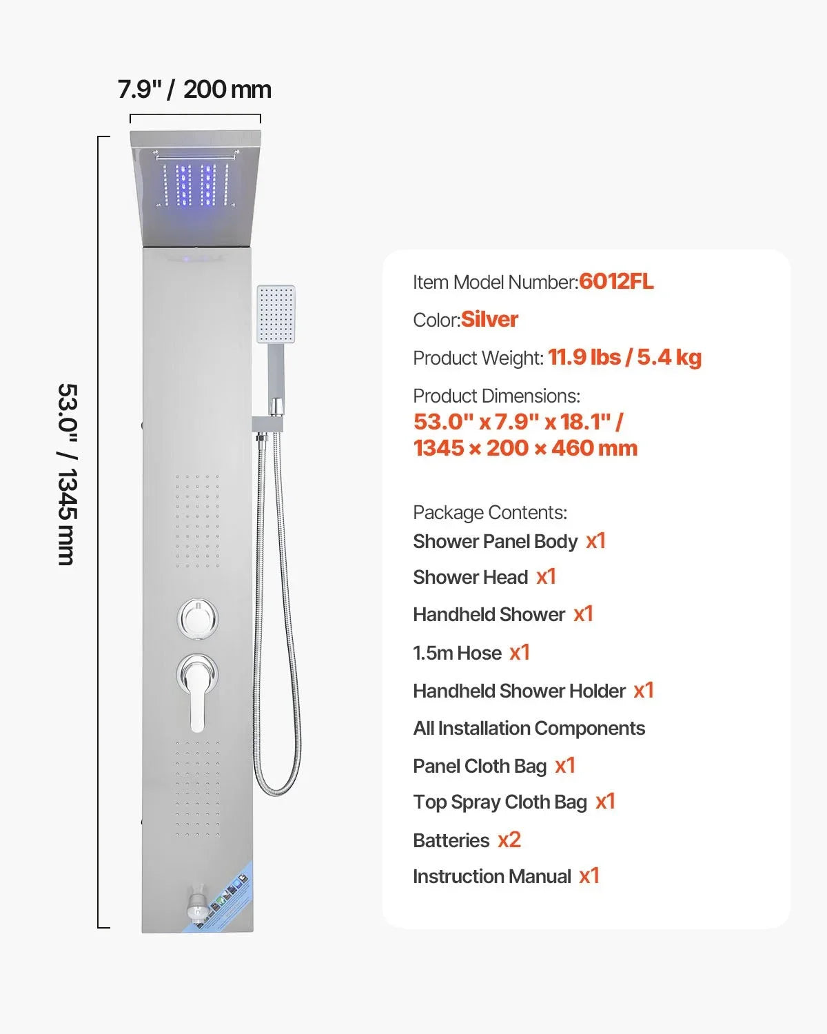 VEVOR Shower Panel Tower System with Rainfall Waterfall Shower Head, LED, 53 in Brushed Stainless Steel Shower Column, 5-Function Faucet, Wall-Mount Rain Massage System, with Handheld, Tub Spout - View 7