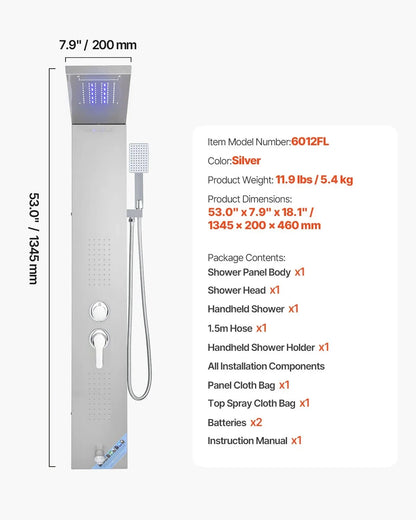 VEVOR Shower Panel Tower System with Rainfall Waterfall Shower Head, LED, 53 in Brushed Stainless Steel Shower Column, 5-Function Faucet, Wall-Mount Rain Massage System, with Handheld, Tub Spout - View 7