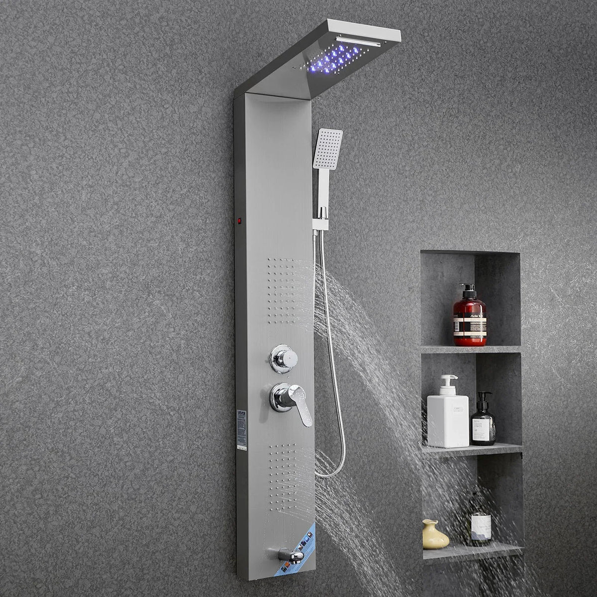 VEVOR Shower Panel Tower System with Rainfall Waterfall Shower Head, LED, 53 in Brushed Stainless Steel Shower Column, 5-Function Faucet, Wall-Mount Rain Massage System, with Handheld, Tub Spout - View 8